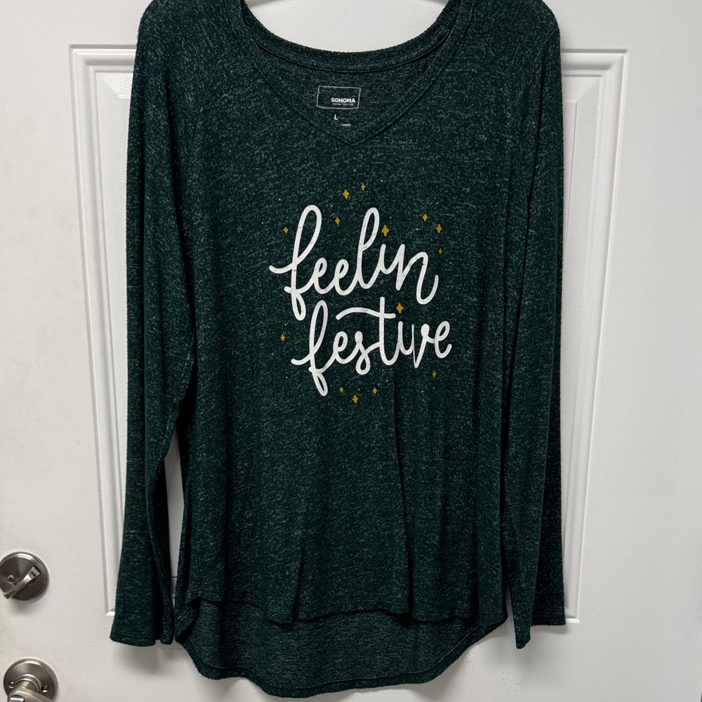 Sonoma Dark Green Festive Long Sleeve Blouse